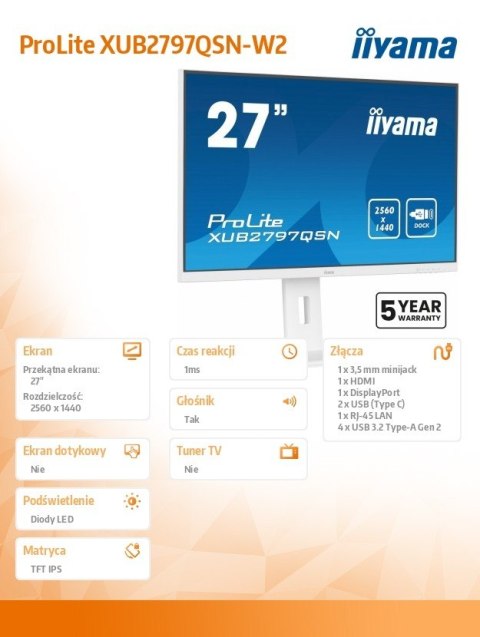 Monitor 27 cali XUB2797QSN-W2 IPS,QHD,USB-c Dock,HDMI,DP,PD-65W,2x2W, 4xUSB(3.2),300cd/m2,80M:1,sRGB:99%/5y/