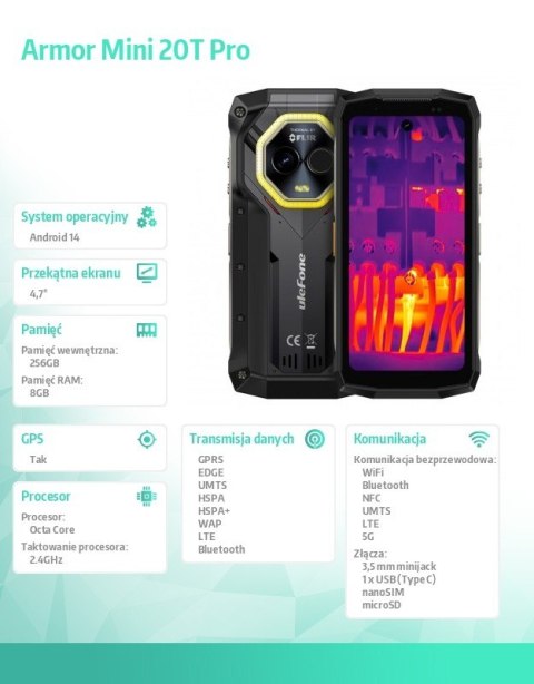 Smartfon Armor Mini 20T Pro 5G 4.7 cala 8/256GB IP69K termowizja Czarny