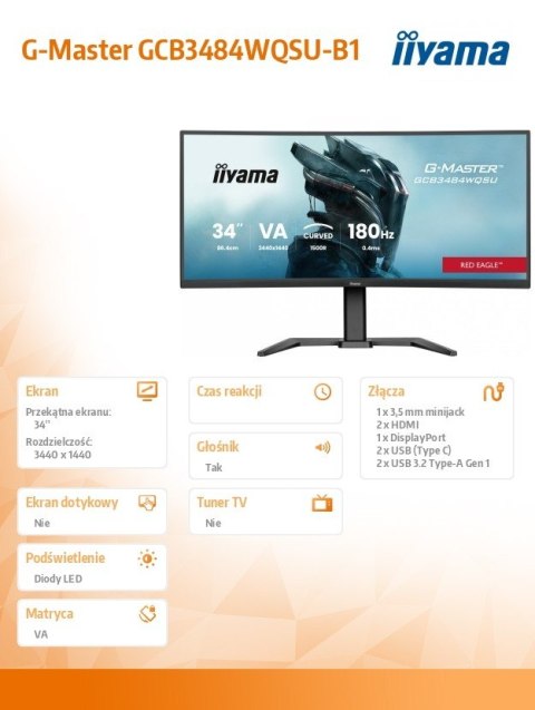 Monitor G-Master 34 cale GCB3484WQSU-B1,VA,UWQHD,180Hz, HDR400, 1500R, 21:9, 0.4ms, 500cd/m2, 2x5W, USB-c, PiP
