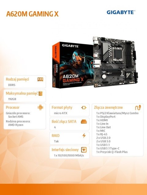 Płyta główna A620M GAMING X AM5 4DDR5 HDMI/DP M.2 mATX Płyta główna A620M GAMING X AM5 4DDR5 HDMI/DP M.2 mATX
