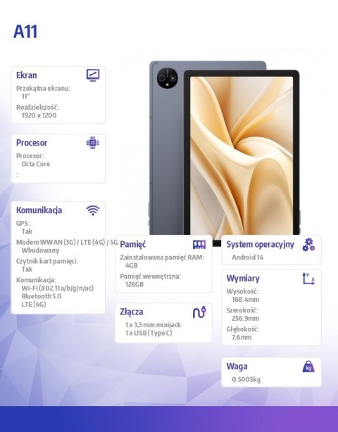 Tablet Tab A11 4G 11" 4/128GB Space Grey z ładowarką