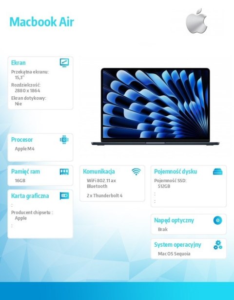 MacBook Air 15.3 cala: M4 10/10, 16GB, 512GB, 35W - Północ - MW1L3ZE/A/D1