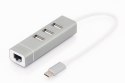 HUB/Koncentrator 3-portowy USB 2.0 HighSpeed z Typ C oraz Fast Ethernet LAN adapter, aluminium