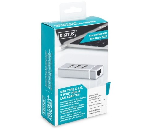 HUB/Koncentrator 3-portowy USB 2.0 HighSpeed z Typ C oraz Fast Ethernet LAN adapter, aluminium HUB/Koncentrator 3-portowy USB 2.0 HighSpeed z Typ C oraz Fast Ethernet LAN adapter, aluminium