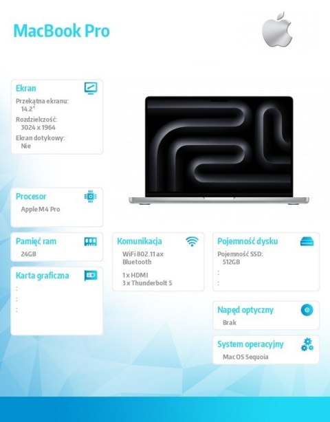 MacBook Pro 14.2 cali: M4 Pro 12/16, 24GB, 512GB SSD - Srebrny