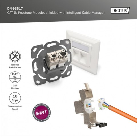 Moduł (gniazdo) Keystone RJ45 (8P8C) kat.6A, STP, ekranowany, stalowy, opaska czarna, beznarzędziowy