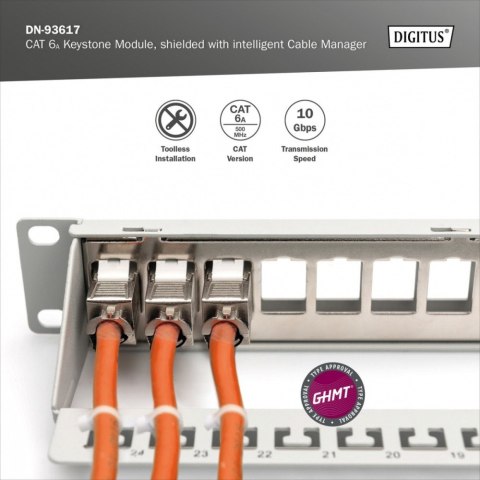 Moduł (gniazdo) Keystone RJ45 (8P8C) kat.6A, STP, ekranowany, stalowy, opaska czarna, beznarzędziowy