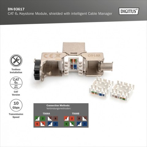 Moduł (gniazdo) Keystone RJ45 (8P8C) kat.6A, STP, ekranowany, stalowy, opaska czarna, beznarzędziowy