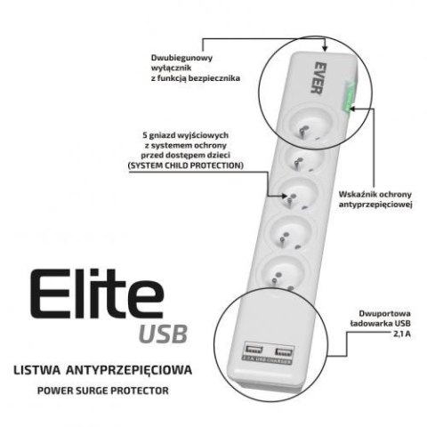 Listwa antyprzepięciowa ELITE USB 1.5m T/LZ11-ELI015/0000 Listwa antyprzepięciowa ELITE USB 1.5m T/LZ11-ELI015/0000