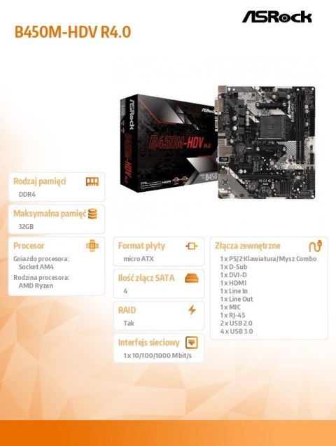 Płyta główna B450M-HDV R4.0 AM4 2DDR4 VGA/DVI/HDMI/M.2 uATX Płyta główna B450M-HDV R4.0 AM4 2DDR4 VGA/DVI/HDMI/M.2 uATX