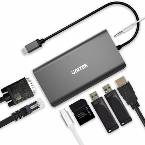 HUB 8-w-1 D1019A USB3.1 Typ-C + 2xUSB + HDMI + VGA + GIGA + SD HUB 8-w-1 D1019A USB3.1 Typ-C + 2xUSB + HDMI + VGA + GIGA + SD