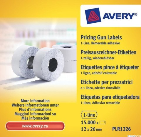 Usuwalne etykiety cenowe w rolce PLR1226 12x26 do metkownicy jednorzędowej Avery Zweckform, 1500 etyk./rolka, 10 rolek/op., biał
