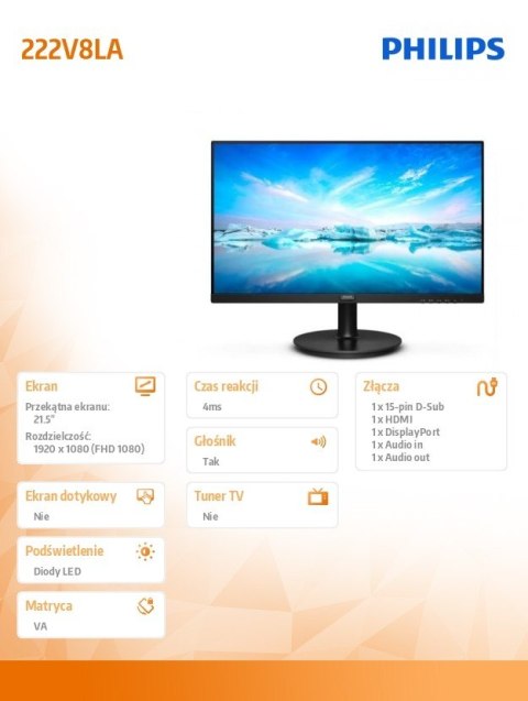 Monitor 222V8LA 21.5 cala VA HDMI DP Głośniki Monitor 222V8LA 21.5 cala VA HDMI DP Głośniki