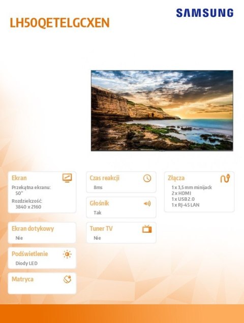 Monitor profesjonalny QE50T 50 cali Błyszczący 16h/7 300(cd/m2) 3840x2160 (UHD) Lite Player (only) 3 lata On-Site (LH50QETELGC Monitor profesjonalny QE50T 50 cali Błyszczący 16h/7 300(cd/m2) 3840x2160 (UHD) Lite Player (only) 3 lata On-Site (LH50QETELGC