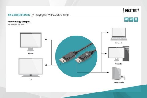 Kabel połączeniowy DisplayPort z zatrzaskami 4K 60Hz UHD Typ DP/DP M/M czarny 2m Kabel połączeniowy DisplayPort z zatrzaskami 4K 60Hz UHD Typ DP/DP M/M czarny 2m