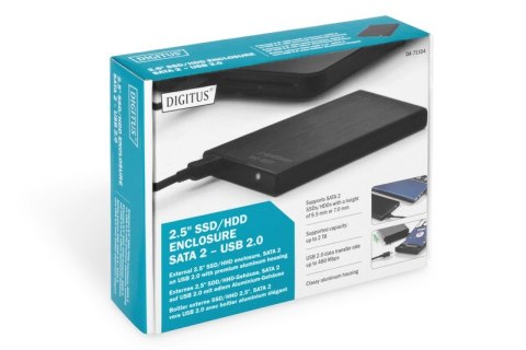 Obudowa zewnętrzna USB 2.0 na dysk SSD/HDD 2.5" SATA II, 9.5/7.5mm, aluminiowa Obudowa zewnętrzna USB 2.0 na dysk SSD/HDD 2.5" SATA II, 9.5/7.5mm, aluminiowa