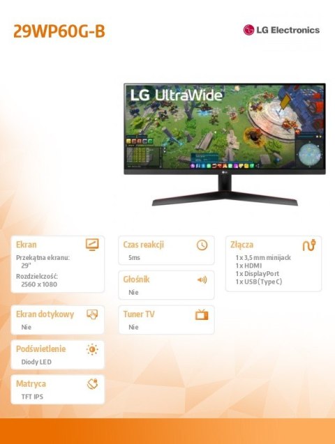 Monitor 29WP60G-B 29 cali Ultra Wide FHD HDR USB-C FreeSync Monitor 29WP60G-B 29 cali Ultra Wide FHD HDR USB-C FreeSync