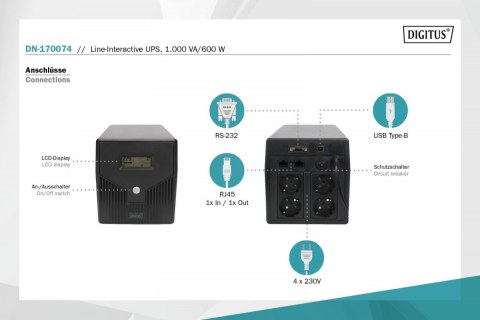 Zasilacz awaryjny UPS Line-Ineractive LCD, 1000VA/600W, 2x12V/7Ah, AVR, 4xSCHUKO, USB, RS232, RJ45 Zasilacz awaryjny UPS Line-Ineractive LCD, 1000VA/600W, 2x12V/7Ah, AVR, 4xSCHUKO, USB, RS232, RJ45