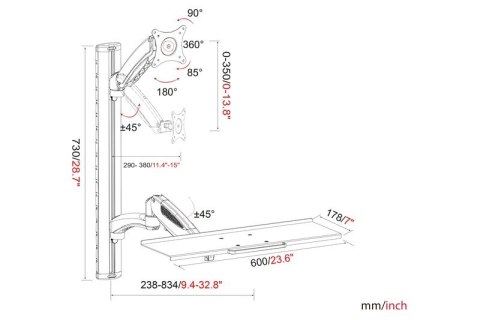 Ramię naścienne pojedyncze, 1xLCD + klawiatura, max. 27", max. 8kg, uchylno-obrotowe 360° (PIVOT) Ramię naścienne pojedyncze, 1xLCD + klawiatura, max. 27", max. 8kg, uchylno-obrotowe 360° (PIVOT)