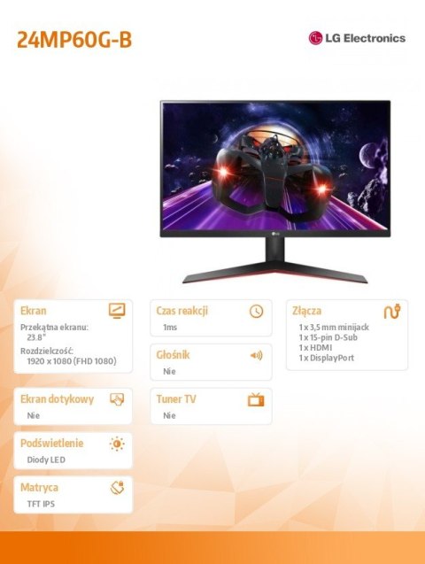 Monitor 24MP60G-B 23.8 cala IPS Full HD AMD FreeSync 1ms MBR Monitor 24MP60G-B 23.8 cala IPS Full HD AMD FreeSync 1ms MBR