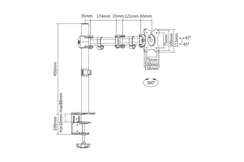 Stojak biurkowy pojedycz z zaciskiem, 1xLCD, max. 27'', max. 8kg, uchylno-obrotowy 360 (PIVOT) Stojak biurkowy pojedycz z zaciskiem, 1xLCD, max. 27'', max. 8kg, uchylno-obrotowy 360 (PIVOT)