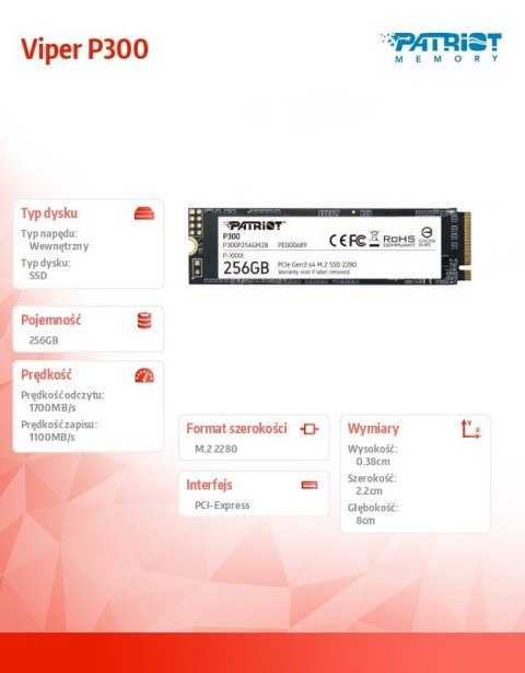 Dysk SSD P300 256GB M.2 PCIe Gen 3 x4 1700/1100 Dysk SSD P300 256GB M.2 PCIe Gen 3 x4 1700/1100