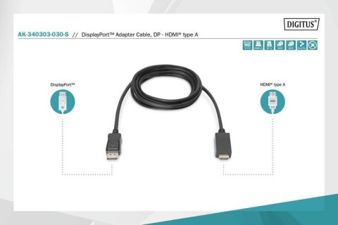 Kabel adapter DisplayPort 1.2 z zatrzaskiem 4K 60Hz UHD Typ DP/HDMI A M/M czarny 3m Kabel adapter DisplayPort 1.2 z zatrzaskiem 4K 60Hz UHD Typ DP/HDMI A M/M czarny 3m