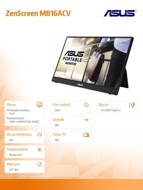 Monitor ZenScreen MB16ACV BK/5MS/EU USB-C Monitor ZenScreen MB16ACV BK/5MS/EU USB-C