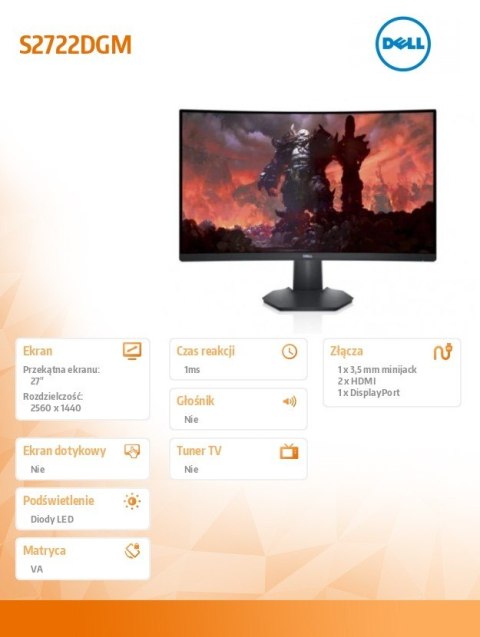 Monitor S2722DGM 27 cali VA 2560x1440/2xHDMI/DP/3Y Monitor S2722DGM 27 cali VA 2560x1440/2xHDMI/DP/3Y
