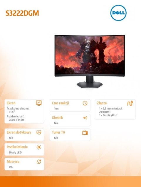 Monitor S3222DGM 31,5 cali VA 2560x1440/2xHDMI/DP/3Y Monitor S3222DGM 31,5 cali VA 2560x1440/2xHDMI/DP/3Y