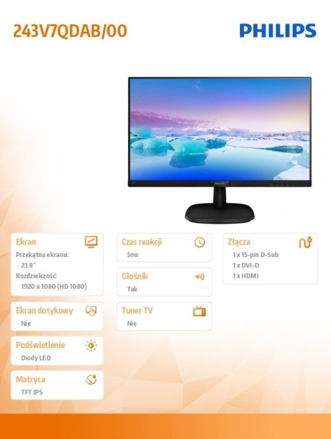 Monitor 23.8 243V7QDAB IPS DVI HDMI Głośniki Monitor 23.8 243V7QDAB IPS DVI HDMI Głośniki