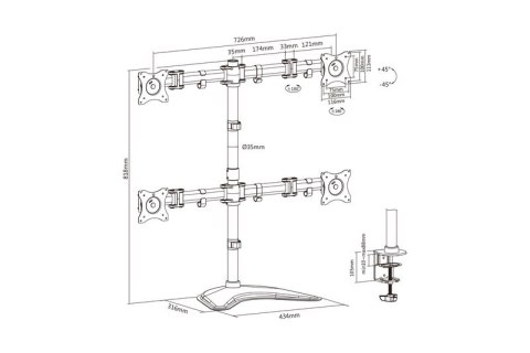 Stojak biurkowy poczwórny, 4xLCD, max. 27", max. obciążenie 8kg, uchylno-obrotowy 360° (PIVOT) Stojak biurkowy poczwórny, 4xLCD, max. 27", max. obciążenie 8kg, uchylno-obrotowy 360° (PIVOT)