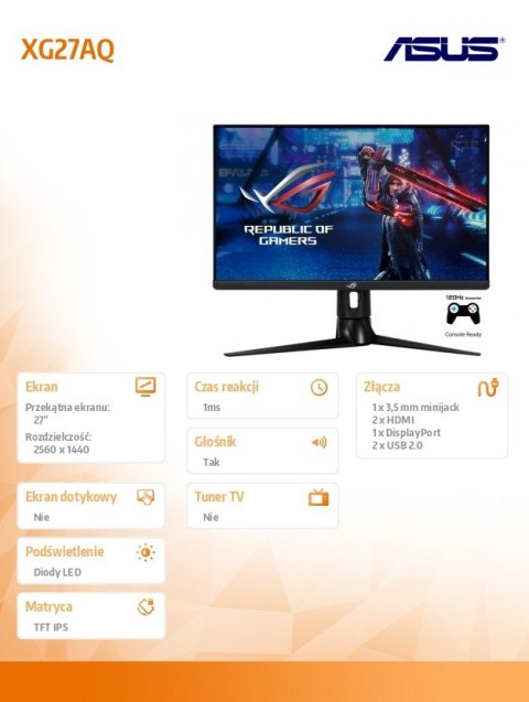 Monitor 27 cali XG27AQ ROG STRIX WQHD IPS 170Hz 1mGTG HDMIx2 DP USB3.0 Głośnik PIVOT Monitor 27 cali XG27AQ ROG STRIX WQHD IPS 170Hz 1mGTG HDMIx2 DP USB3.0 Głośnik PIVOT