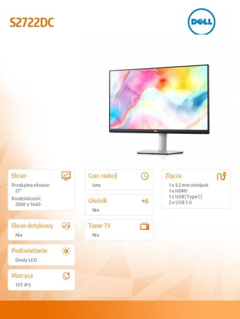 Monitor S2722DC 27 cali LED 2560x1440/HDMI/USBC/3Y Monitor S2722DC 27 cali LED 2560x1440/HDMI/USBC/3Y