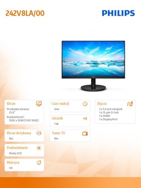 Monitor 242V8LA 23.8 cali VA HDMI DP Głośniki Monitor 242V8LA 23.8 cali VA HDMI DP Głośniki