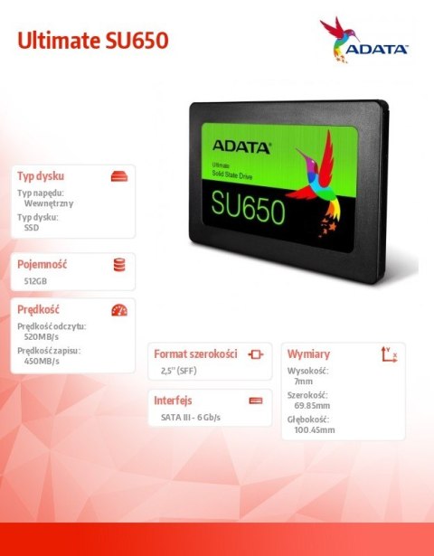 Dysk SSD Ultimate SU650 512GB 2.5 S3 3D TLC Retail Dysk SSD Ultimate SU650 512GB 2.5 S3 3D TLC Retail