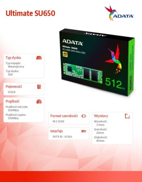 Dysk SSD Ultimate SU650 512GB M.2 TLC 3D 2280 SATA Dysk SSD Ultimate SU650 512GB M.2 TLC 3D 2280 SATA