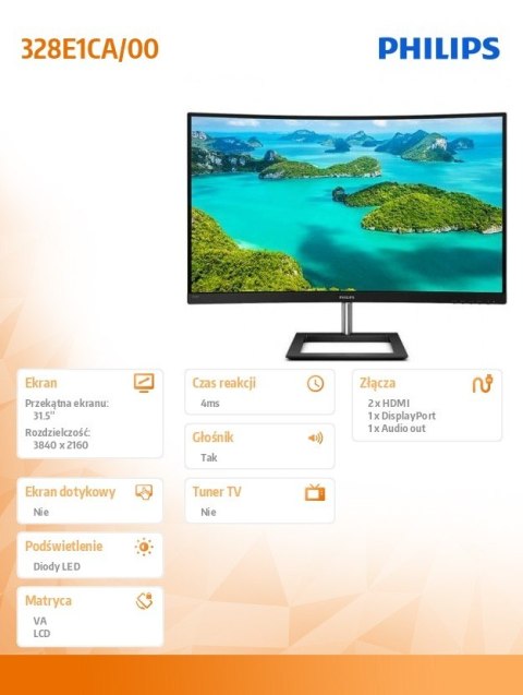 Monitor 328E1CA 31.5 cala Curved VA 4K HDMIx2 DP Monitor 328E1CA 31.5 cala Curved VA 4K HDMIx2 DP