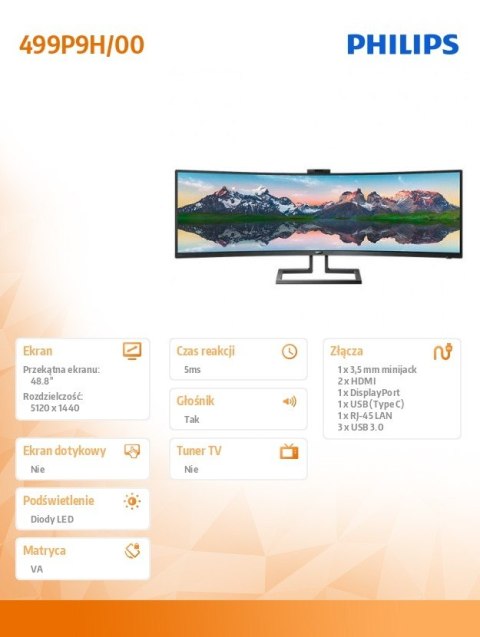 Monitor 48.8 cala 499P9H Curved VA HDMIx2 DP USB-C HAS Monitor 48.8 cala 499P9H Curved VA HDMIx2 DP USB-C HAS