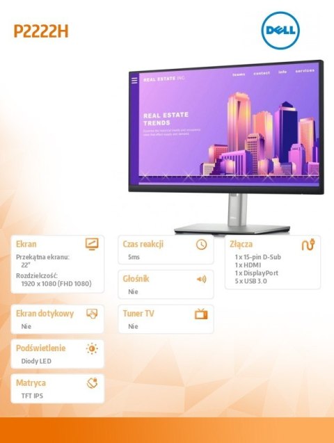 Monitor P2222H 22 cali LED IPS 16:9/1920x1080/DP/VGA/3Y Monitor P2222H 22 cali LED IPS 16:9/1920x1080/DP/VGA/3Y