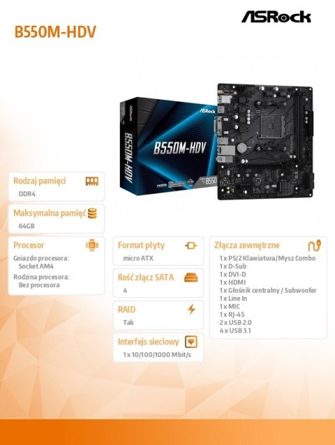 Płyta główna B550M-HDV AM4 2DDR4 HDMI/DVI/D-SUB M.2 mATX Płyta główna B550M-HDV AM4 2DDR4 HDMI/DVI/D-SUB M.2 mATX