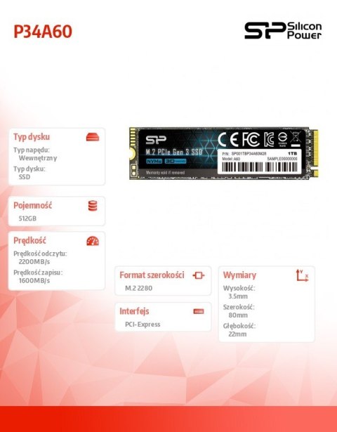 Dysk SSD A60 512GB M.2 PCIe 2200/1600 MB/s NVMe Dysk SSD A60 512GB M.2 PCIe 2200/1600 MB/s NVMe