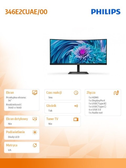 Monitor 346E2CUAE 34 cale VA Curved HDMI DP USB-C HAS Głośniki Monitor 346E2CUAE 34 cale VA Curved HDMI DP USB-C HAS Głośniki