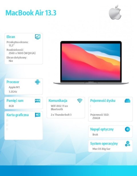 MacBook Air 13,3 cali: M1 8/7, 8GB, 256GB - Gwiezdna szarość MacBook Air 13,3 cali: M1 8/7, 8GB, 256GB - Gwiezdna szarość