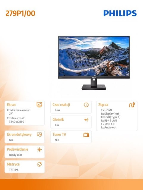 Monitor 279P1 27 cali IPS 4K HDMIx2 DP USB-C Pivot Monitor 279P1 27 cali IPS 4K HDMIx2 DP USB-C Pivot