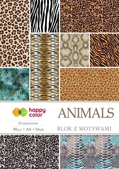 Blok z motywami ANIMALS, 80g/m2, A4, 15+1 ark, 15 motyw, Happy Color HA 3808 2030-M