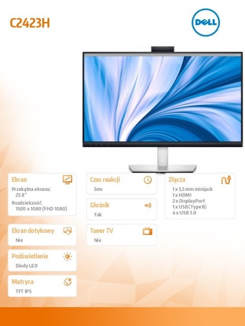Monitor Video Conferencing C2423H 23,8 cali LED IPS Full HD (1920x1080)/16:9/HDMI/DP/Kamera/Głośniki/Mikrofon/3Y AES&PPG Monitor Video Conferencing C2423H 23,8 cali LED IPS Full HD (1920x1080)/16:9/HDMI/DP/Kamera/Głośniki/Mikrofon/3Y AES&PPG