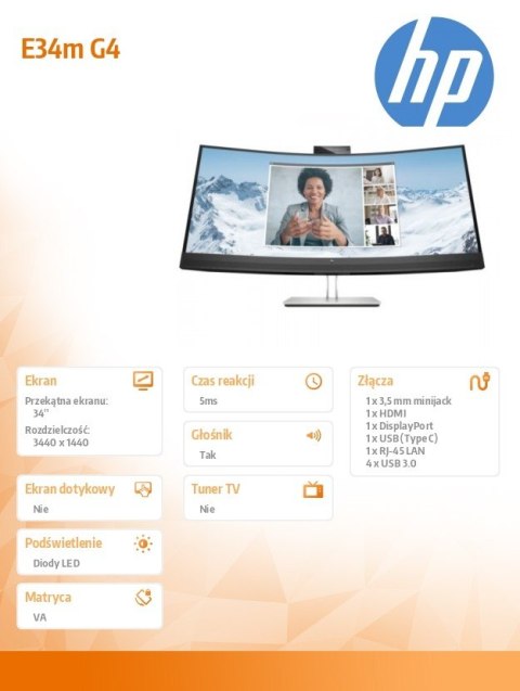 Monitor konferencyjny z zakrzywionym ekranem E34m G4 USB-C WQHD 40Z26AA Monitor konferencyjny z zakrzywionym ekranem E34m G4 USB-C WQHD 40Z26AA