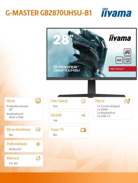 Monitor 28 cali GB2870UHSU 4K, HDMI, DP, 150Hz, USB3.0, HAS, HDR400, 2x2W Monitor 28 cali GB2870UHSU 4K, HDMI, DP, 150Hz, USB3.0, HAS, HDR400, 2x2W