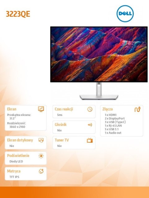 Monitor U3223QE 31,5 IPS LED 4K (3840x2160)/16:9/HDMI/2xDP/3xUSB-C/4xUSB 3.2/RJ-45/3Y AES&PPG Monitor U3223QE 31,5 IPS LED 4K (3840x2160)/16:9/HDMI/2xDP/3xUSB-C/4xUSB 3.2/RJ-45/3Y AES&PPG